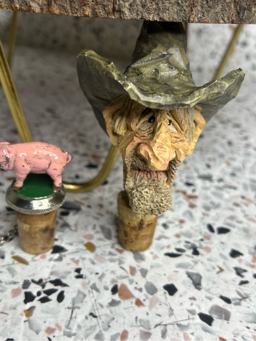 Carved Cowboy Face Bottle Stopper - Handpainted Wood Pewter pig lot of 2